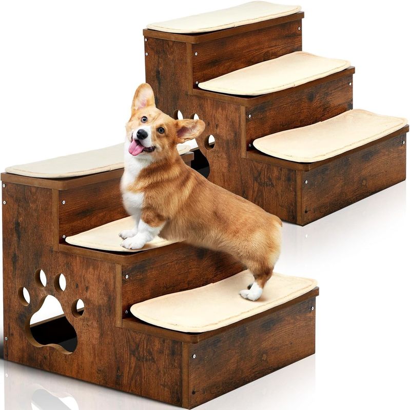 OEM 3 tiers Wooden Dog Stairs Steps Non Slip Puppy Stairs with Storage Washable Carpeted