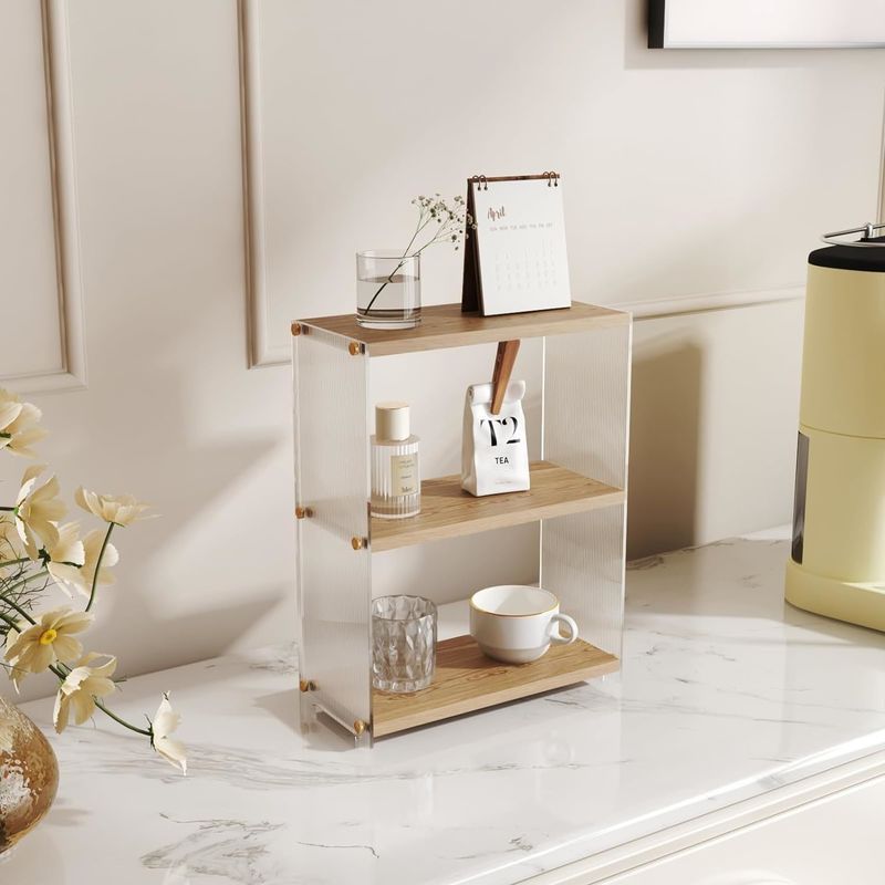 Metal and Wooden 3 Tier Standing Vanity Shelf Countertop Bathroom Storage for Bedroom