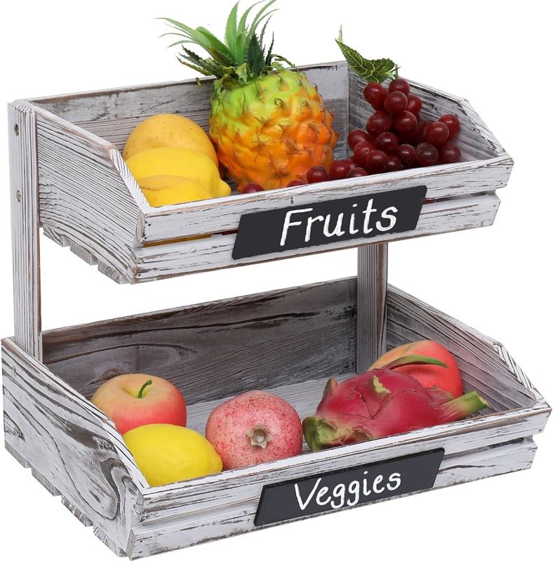 Farmhouse Standing Wooden Organizer 2 Tier Food Basket Holder for Kitchen Organization