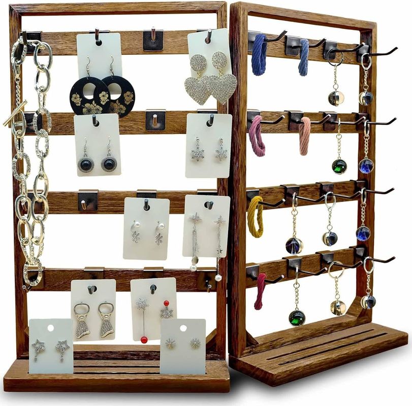 Home Theme Wooden Foldable Jewelry Display Stand with Removable 32 Hooks and Ring Tray