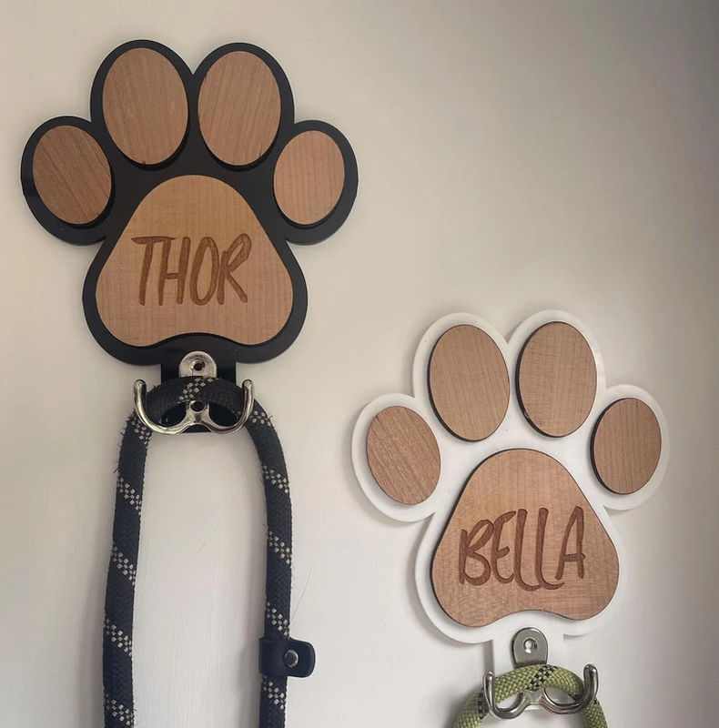 Unfinished Birch Wood Dog Paw Print Lead Holder Personalized Pill Storage for Dog Buffs