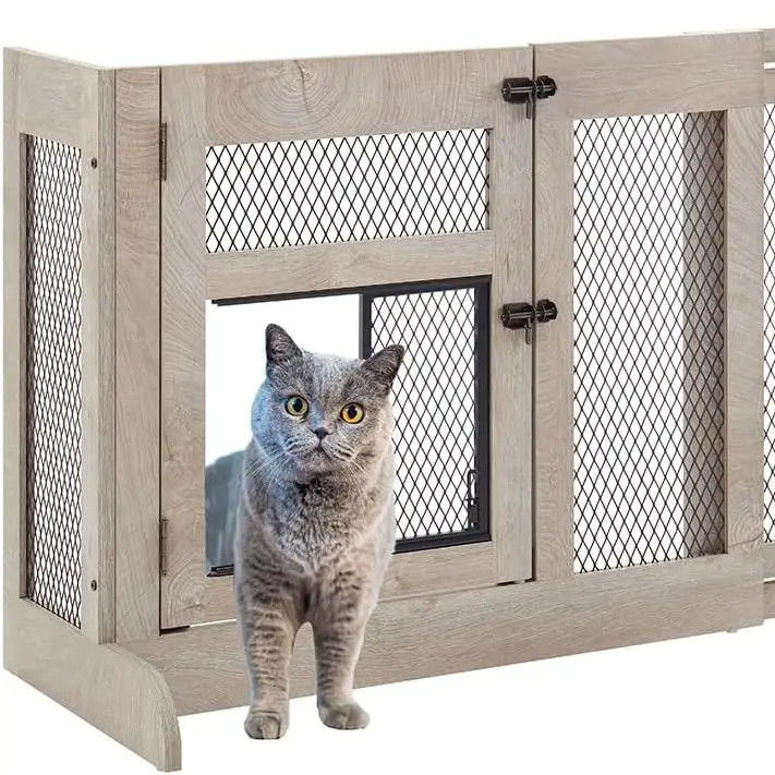 High Quantity Wooden Free Standing Dog Gate with Cat Door Mesh and Customized Logo