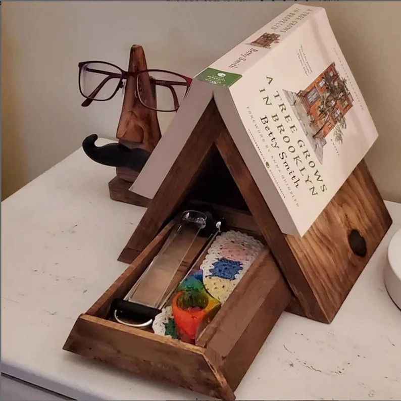 Square Mini Wooden Box Book Holder for Bed Room Wooden Triangle Book Rest Night Stand