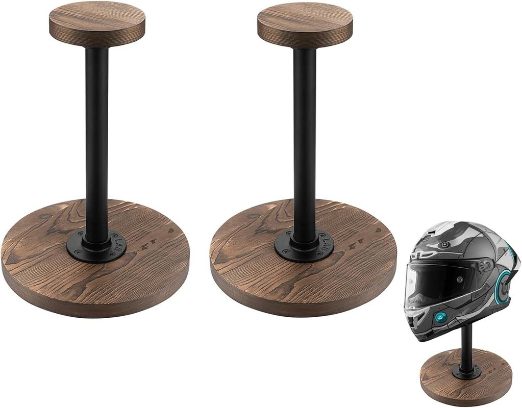 Tabletop Helmet Display Stand with Unfinished Birch Wood Color and Industrial Style