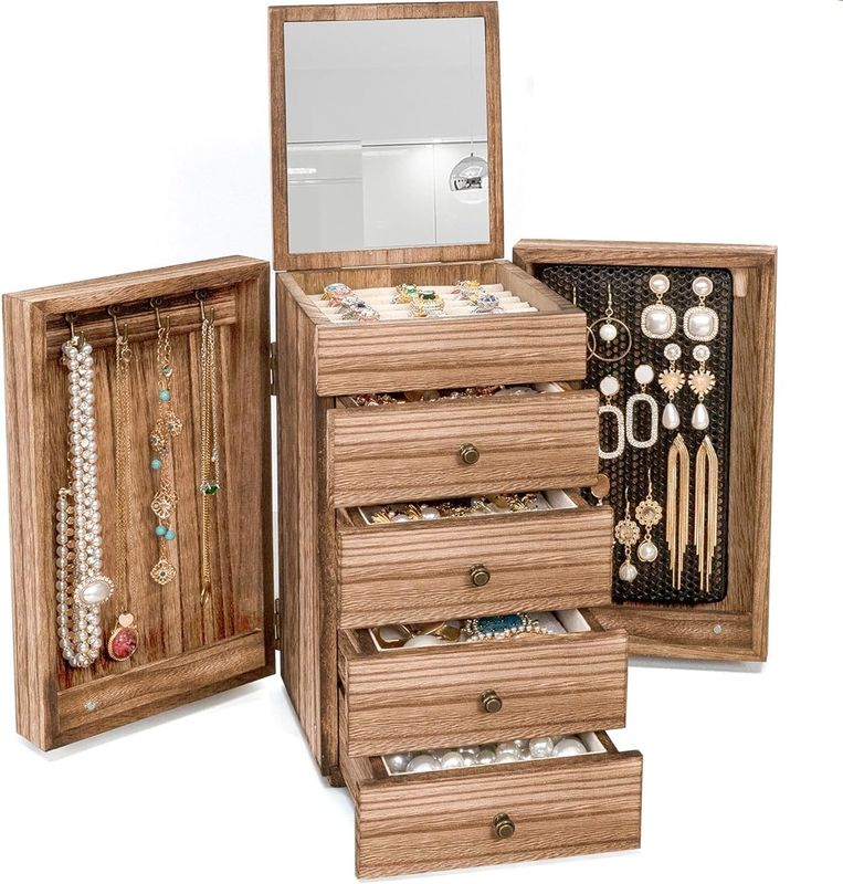 Large 5-Layer Jewelry Organizer Box Case for Rings Earrings Necklaces Vintage Style