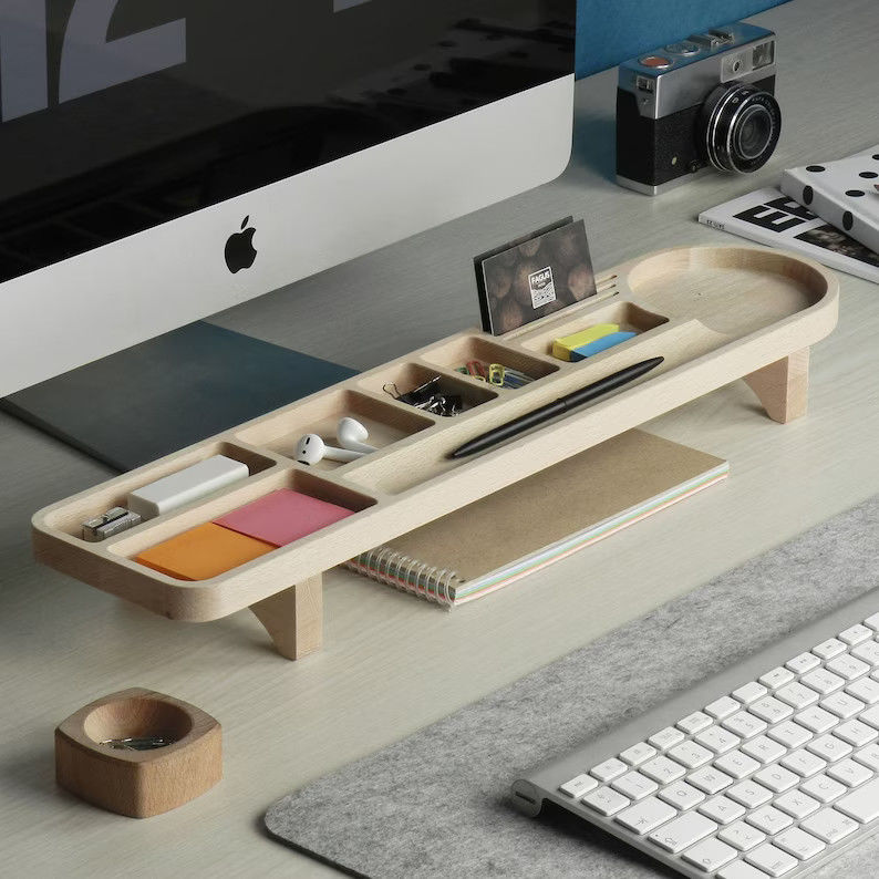 Office Desk Organizer with Pencil Case and Customized Logo Wood Caddy Phone Stand