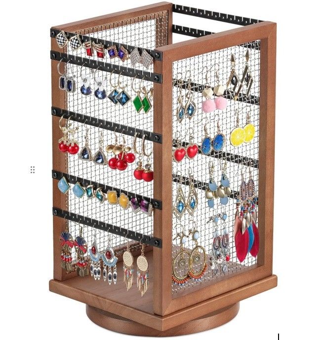 120 Pairs of Earrings Rotating Carousel Durable Metal and Wood Earring Tree Organizer
