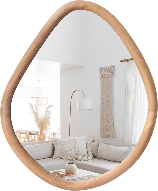 Unique Varnished Wood Round Farmhouse Mirror for Modern Living Room and Bathroom