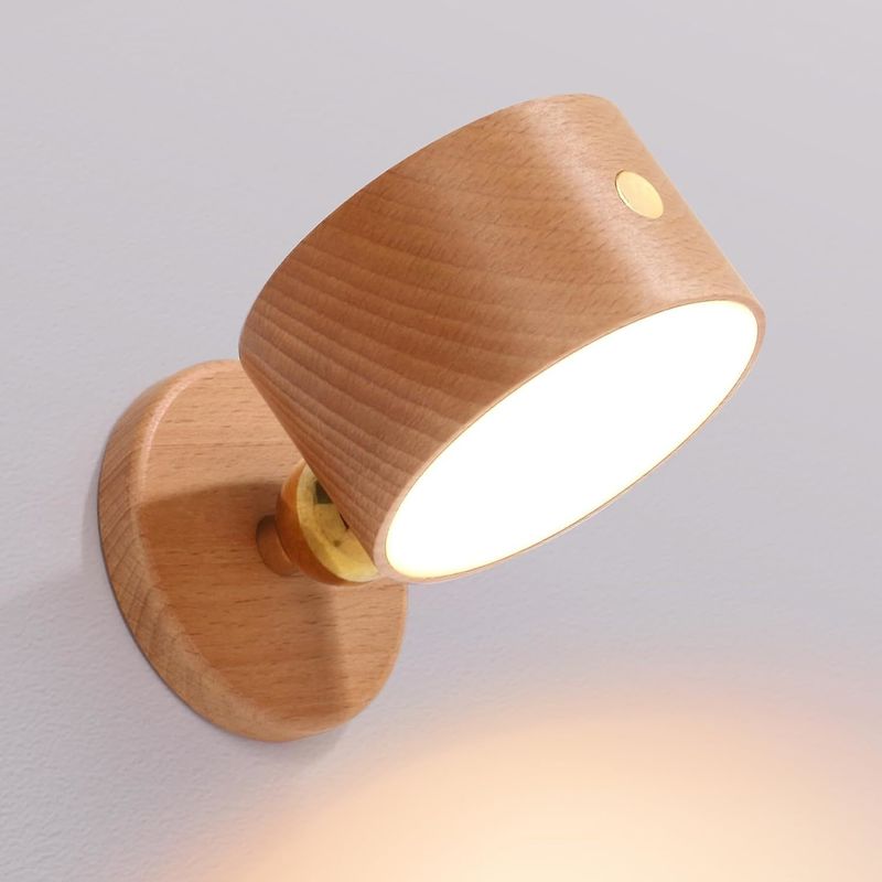 Wall Lamps LED 360 Rotation Dimming Rechargeable Cordless Battery Operated Wooden Sconce