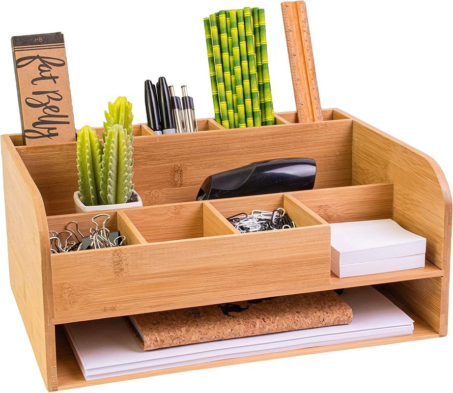 Organize Office Supplies with Bamboo Wood Desk Organizer and File Storage Customized Logo