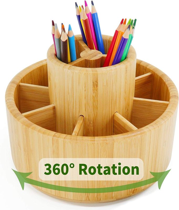 Customized Logo Acceptable Bamboo Rotating Desk Organizer for Desktop Storage Caddy