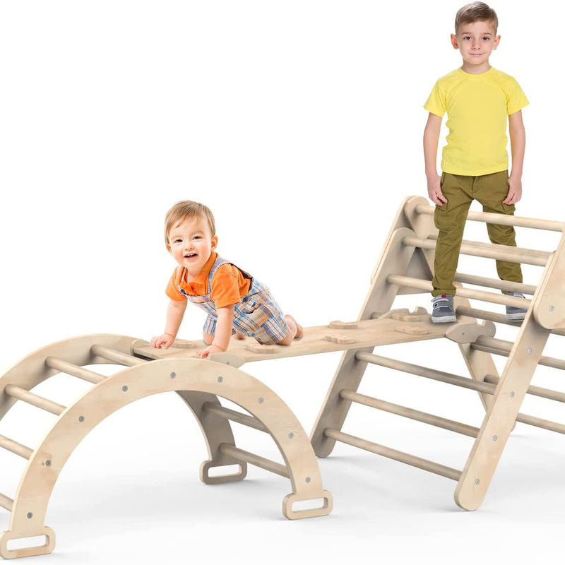Indoor Kids Play Gym Climbing Triangle Ladder with Ramp Set of 3 Wooden Safety Toys