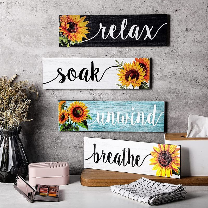 Bathroom Wall Decor Rustic Wooden Plaque with Sunflower Design Relax Soak Unwind Breathe