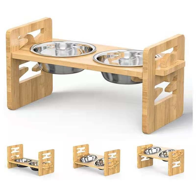Adjustable Bamboo Elevated Dog Cat Food Stand Holder for Gifts Stores Commercial Buyer