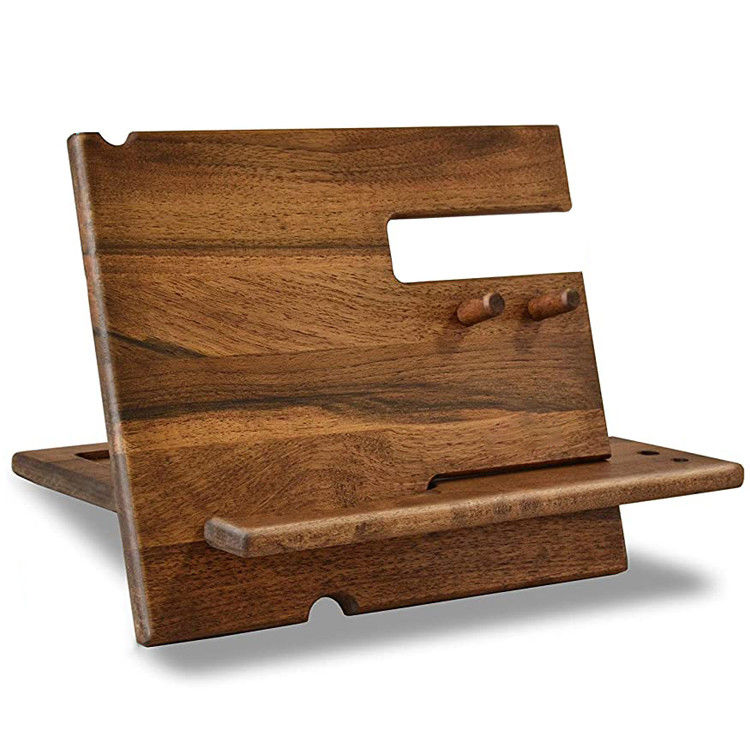 Handmade Natural Walnut Wood Phone Docking Station Key Hooks Holder Wallet Stand Watch Organizer